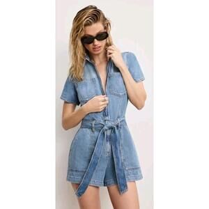 New Free People Good American Fit For Success Lite Linen Denim Romper Large $159